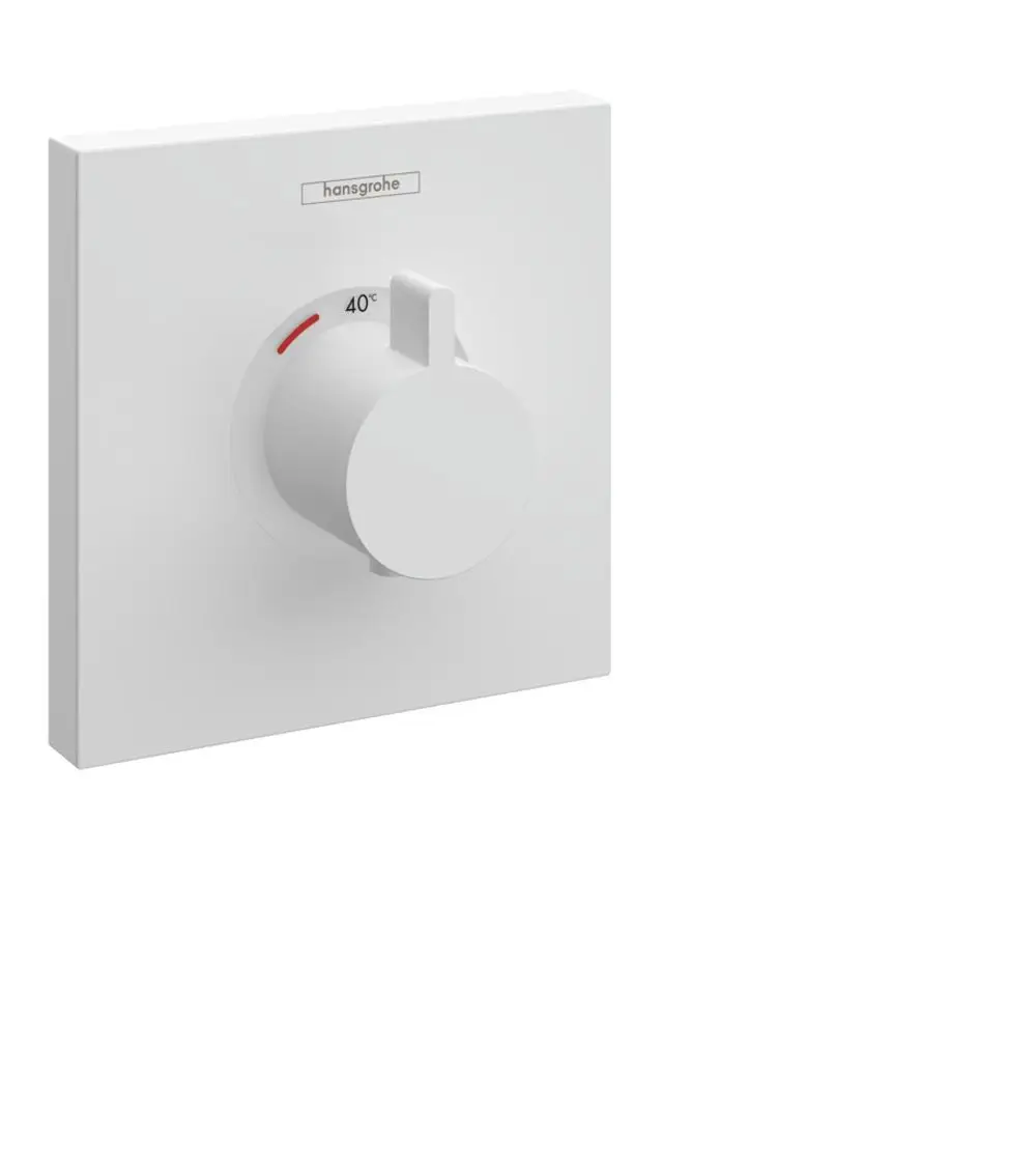 Weißer Einbauschalter von Hansgrohe mit drehbarem Regler zur Einstellung der Wassertemperatur. Anzeige für die Temperatur in Grad Celsius.